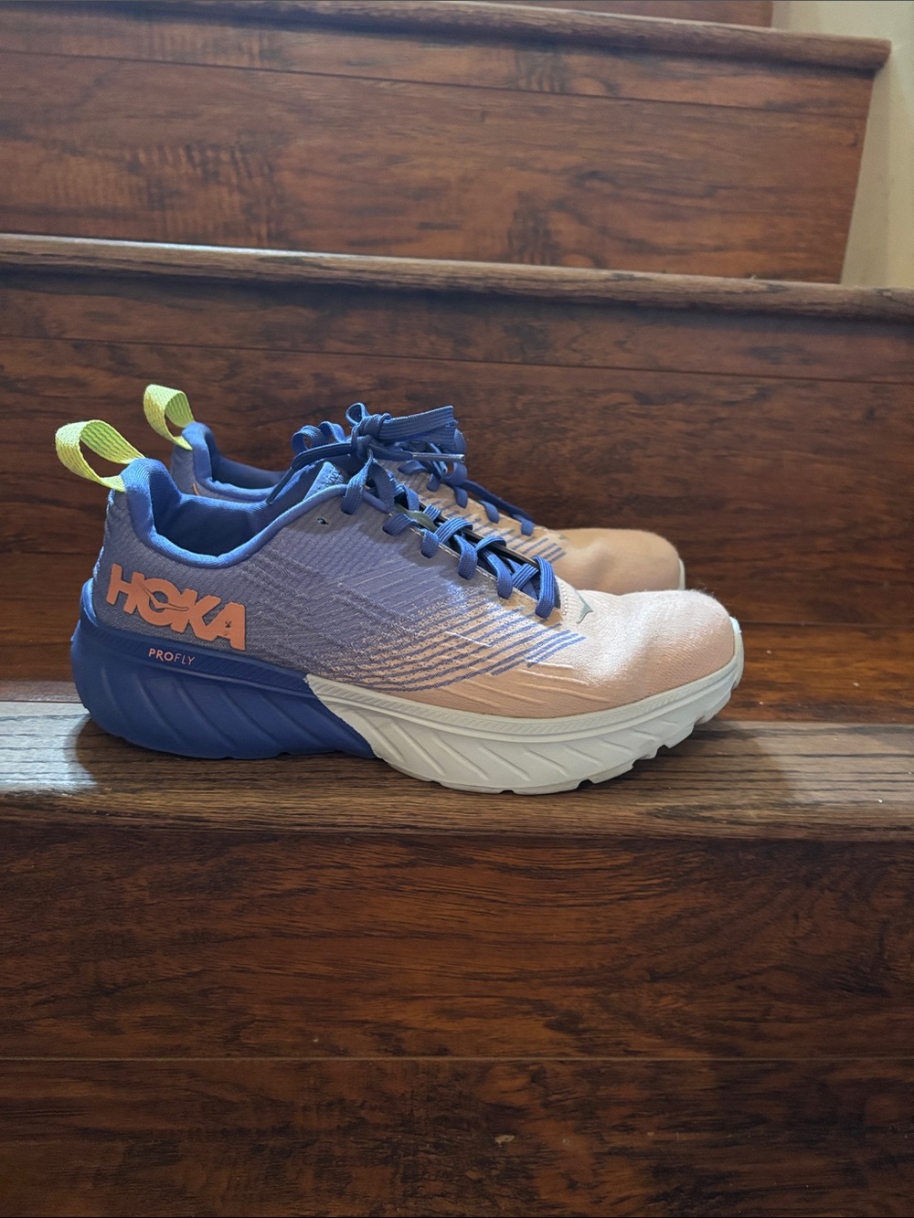 Hoka Kids Peach Pink and Periwinkle Blue Sneakers with Yellow Pull Tabs